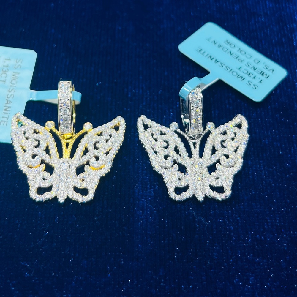 925 Sterling Silver Butterfly 1.13CTW VVS Moissanite Diamond Pendant with Chain